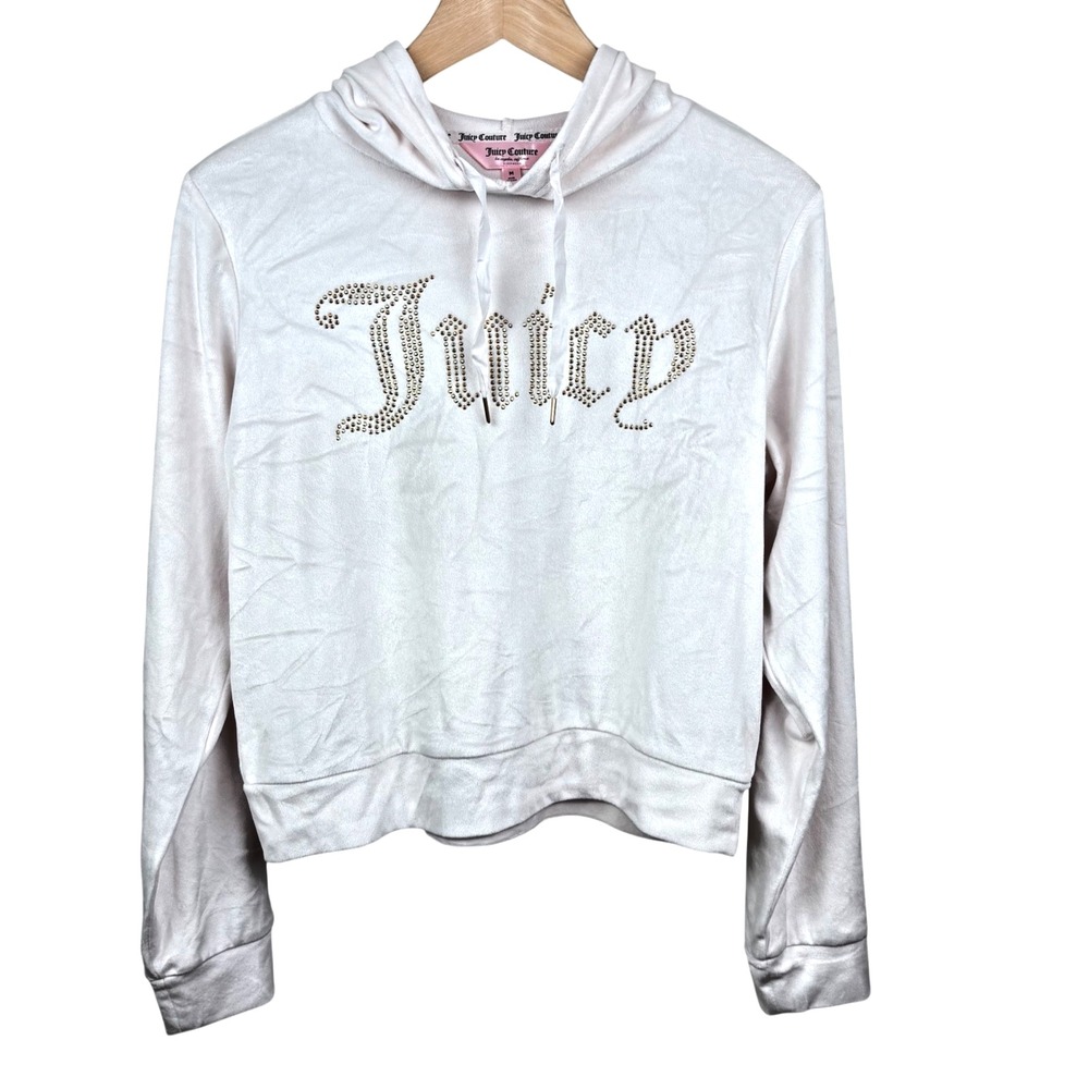 NWT‎ Juicy Couture Velour Hoodie Sleepwear Ivory Rhinestone Logo Cropped Size M